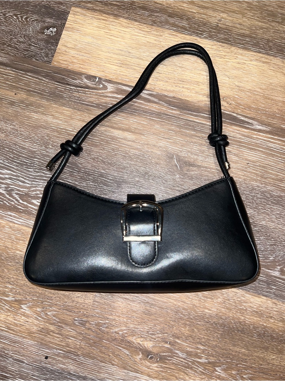 Sleek Black Mini Shoulder Bag with Buckle Accent